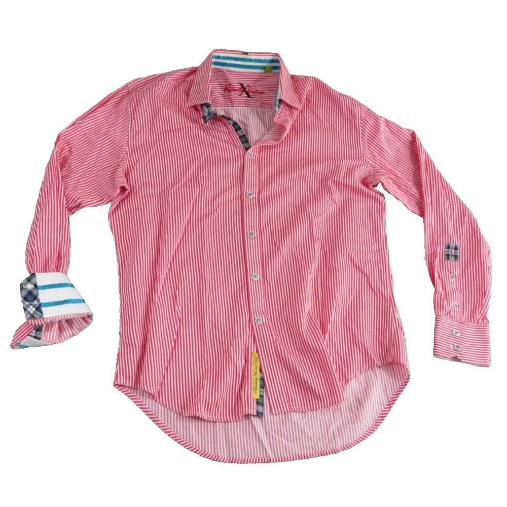 Robert Graham‎ Shirt Mens M Pink White Striped Tailored Fit Contrast Cuff Cotton